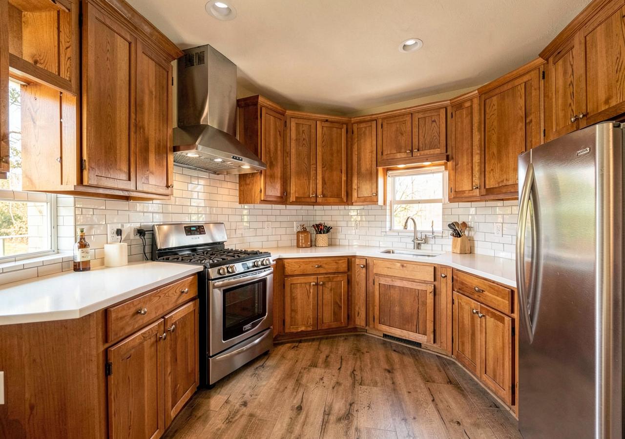 Renovated kitchen with custom oak cabinets and white countertops by First Stop Renovations